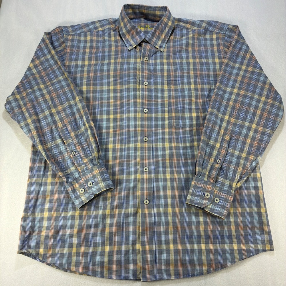 Alan Flusser Plaid Button Down Shirt Mens Large Long Sleeve Cotton Blue Yellow L